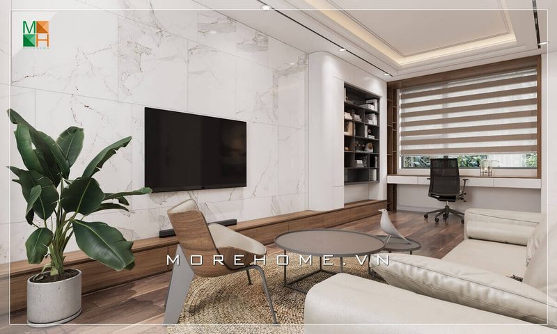 Kệ tivi gỗ có thiết kế sáng tạo, dài và hiện đại, phù hợp với kích thước của căn phòng.